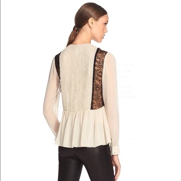 Alice + Olivia Elysia Lace Paneled Plisse-Georgette Off White/Black Peplum Top - Picture 2 of 12